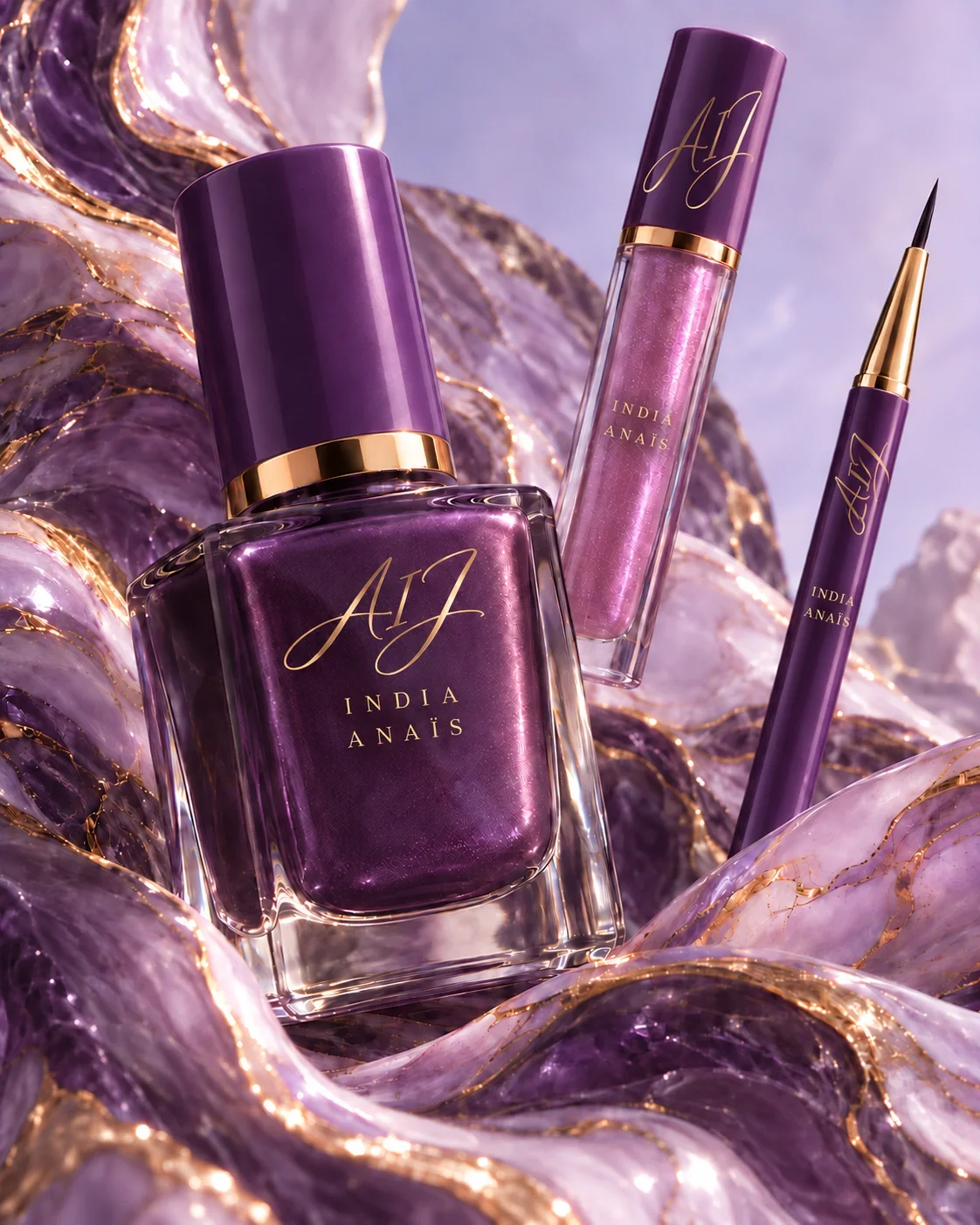India Anaïs nail lacquer, lip glaze and eyeliner in amethyst bottles with gold details, on amethyst marble